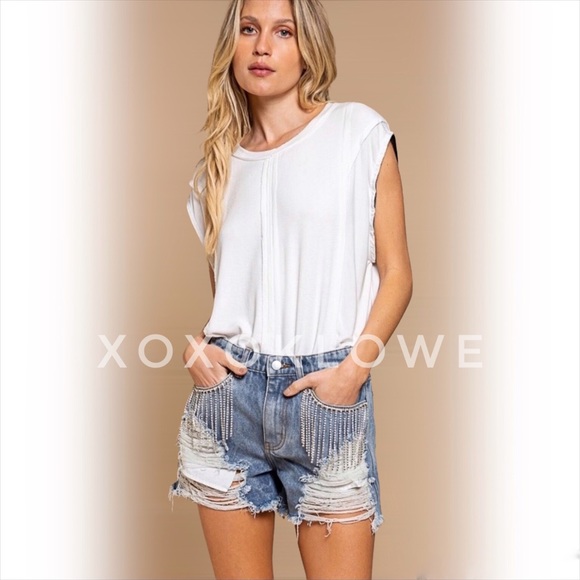 Sparkle Embellished Fringe Distressed Denim Shorts - Picture 7 of 15